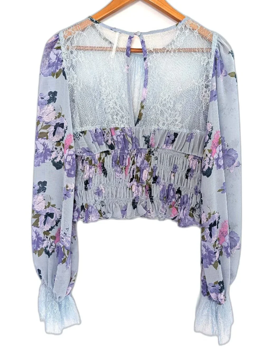 Free People | Daphne Smocked Blouse Blue Floral & Sheer Lace	| Size Medium